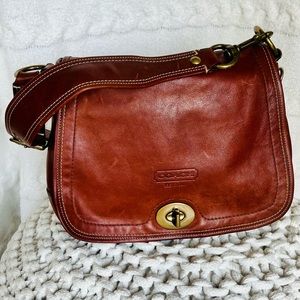 COPY - Coach Legacy Flap Shoulder Bag - Cognac Leather with Silk Stripe Interior